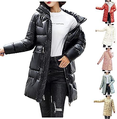 FOVIGUO Női Puffer Termés Kabátok - Fényes, Hosszú Ujjú Állni nyaktól Lefelé Kabátok, Könnyű, Hosszú Kabát Streetwear