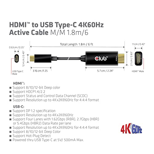 A Club 3D-s 4K-60Hz HDMI USB C Típusú Videó Kábel HDMI 2.0 (Férfi) - USB C Típusú (Férfi), Aktív Monitor Átalakító 1,8 m/6