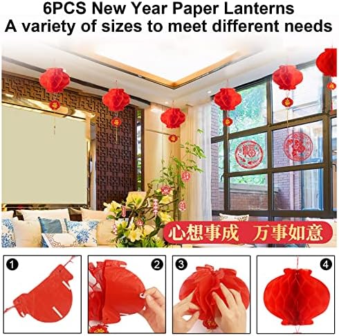 2023 Kínai Új Év Dekorációk, 40 DB holdújév Dekoráció Piros Papír-darabok Lámpások Nyúl Vörös Borítékok Nyúl Ajtó Matricák