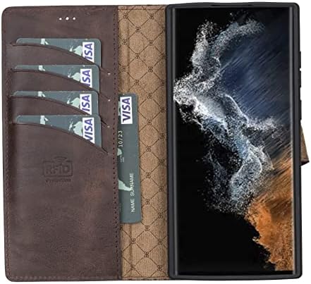 Csokoládé Barna Galaxy S23 Ultra 6.8 Pénztárca Ügy Valódi Bőr, Mágneses Levehető Luxus Flip tok, RFID Védett, Kompatibilis