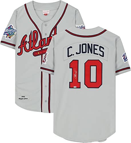 Chipper Jones Atlanta Braves Dedikált Szürke 1999-Es World Series Javítás Mitchell & Ness Hiteles Jersey - Dedikált MLB Mezek