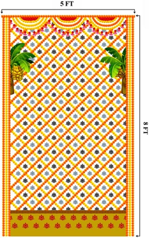 SATVIK 8x5ft. Szövet Hátteret Pooja Pujan Dekoráció Marigold Garland Banán Levelek Nyomtatása Indiai Hagyományos Ünnepi Puja