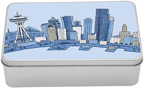 Ambesonne Seattle Skyline Fém Doboz, Firka Városi környezetben Amerikában Kék Tónusú Táj Illusztráció, Többcélú Négyszögletes