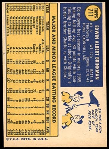 1970 Topps 711 Ed Brinkman Washington Senators (Baseball Kártya) EX/MT Szenátorok