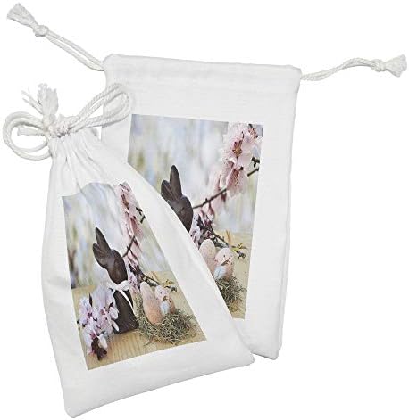 Lunarable Húsvéti Szövet táska 2, Csoki Nyuszi, Rózsaszín Japán cseresznyevirág Fa Ágai Tölgyfa Asztal Kép, Kis Zsinórral