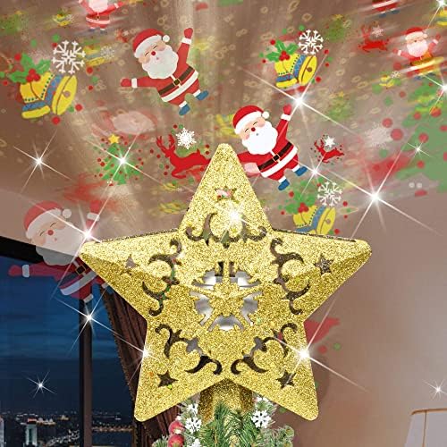 ROMUCHE karácsonyfa Topper Arany Csillag csúcsdíszt Forgó Santa Led Projektor karácsonyfa Topper Égő Fa Toplisták Karácsonyi