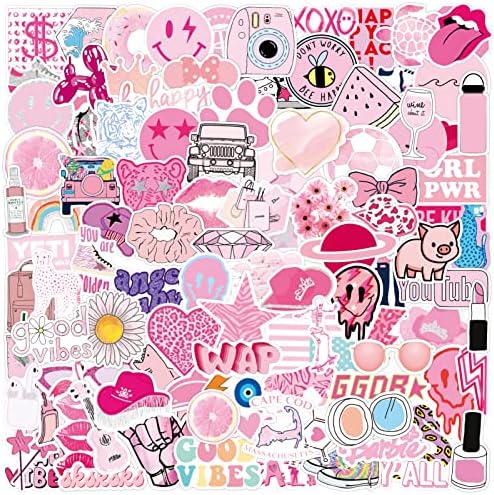 Rózsaszín Preppy Vinyl Matrica, Matricák [102Pack], Esztétikai Pink Party Kellékek Vinyl Matrica, Matricák Laptop Víz Üveg