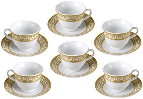 Euro Porcelán 12-Pc. 'Golden görög Kulcs' Tea Csésze Kávé Készlet, Prémium Csont Kína, 24K Aranyozott, Teljes Szolgáltatás