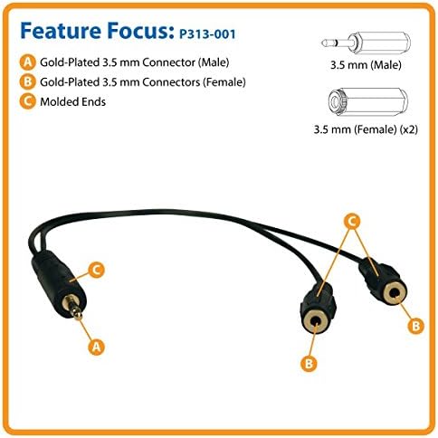 Tripp Lite 3,5 mm-es Sztereó Mini Kábel adapter Y Splitter Hangszórók vagy Fejhallgató (M 2x F) 1-ft.(P313-001)