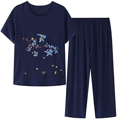Női Pizsama Szett Női Pamut Ágynemű Rövid Ujjú Sleepshirt Széles Láb Capri Nadrág Nyári Alkalmi Loungewear Csomag