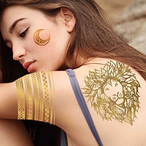 Bilizar 9 Lap 110+ Minták Flash Arany Ideiglenes Tetoválás Metál Női Felnőtt Lány Arany Oroszlán Fesztivál Nap, Hold, Csillag